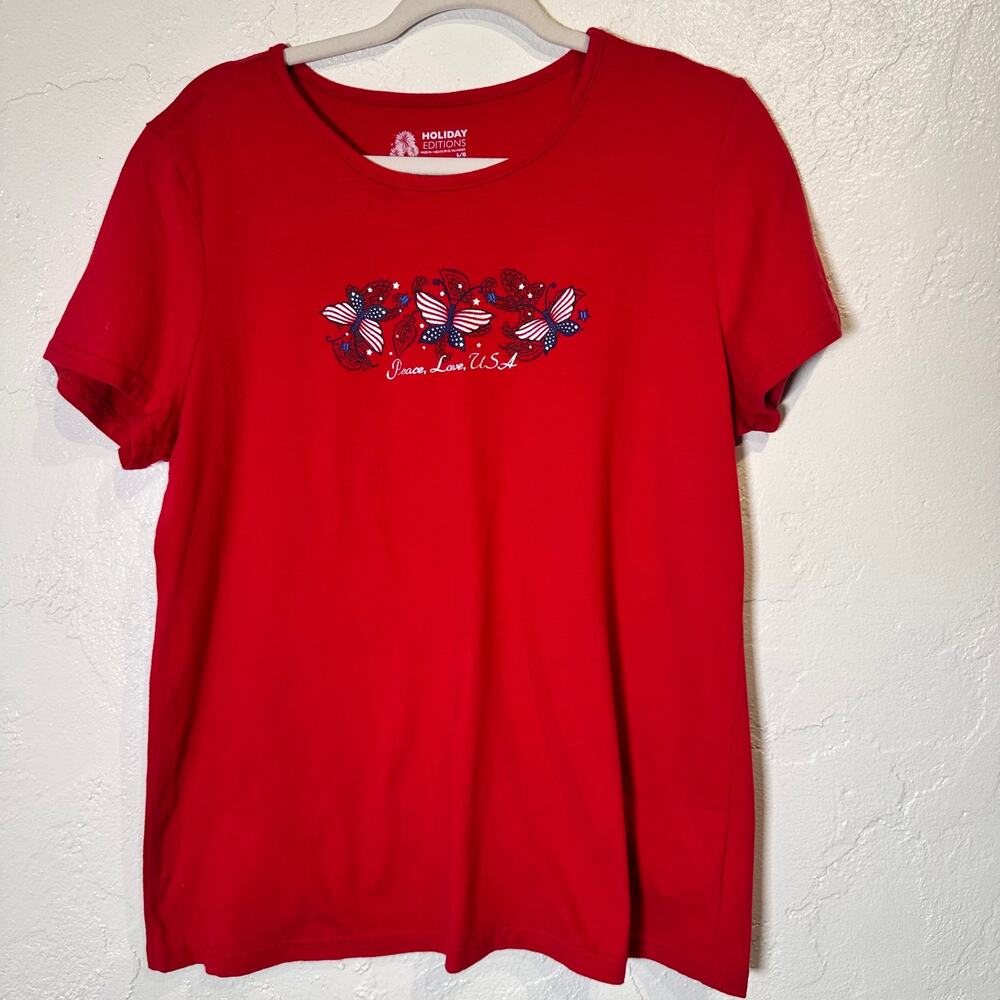 Holiday Editions Size Large 100% Cotton Red T-Shirt Butterflies USA July 4th